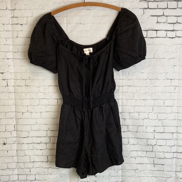 Cloth & Stone Anthropologie Black Romper XXS Smocked Tie Front Puff Sleeve Linen - Picture 5 of 16